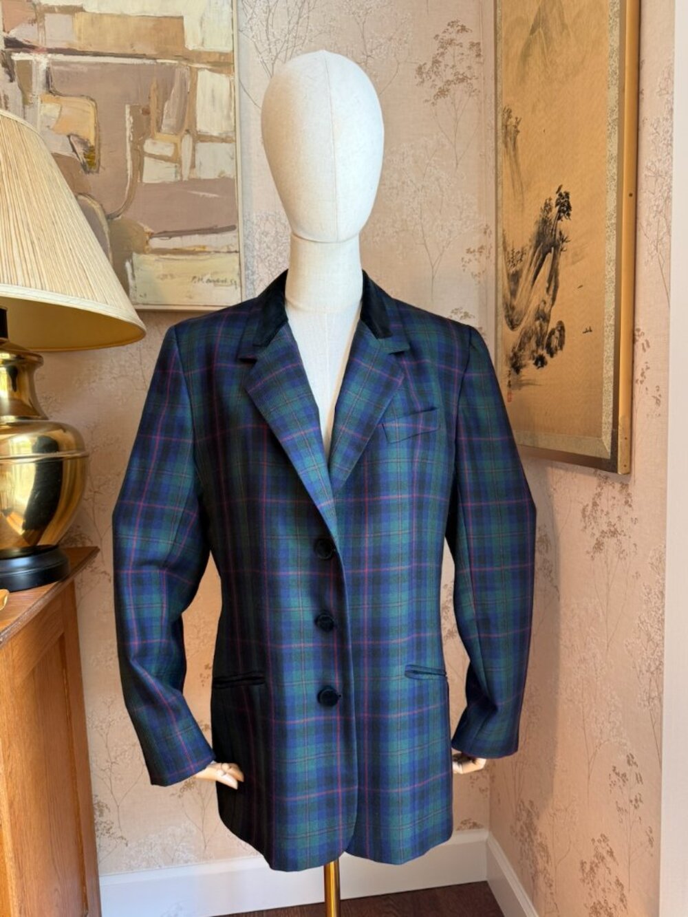 Vintage Talbots Womens plaid navy blue green wool Blazer Jacket